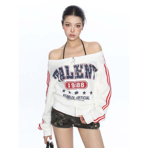 美式杠條一字肩拉鏈長袖衛衣女春秋辣妹運動風休閑球衣潮