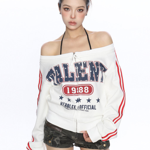 美式杠條一字肩拉鏈長袖衛衣女春秋辣妹運動風休閑球衣潮