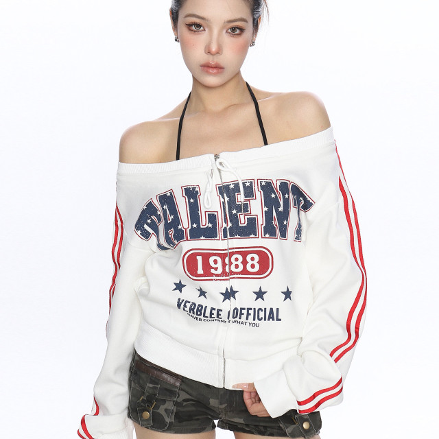 美式杠條一字肩拉鏈長袖衛衣女春秋辣妹運動風休閑球衣潮