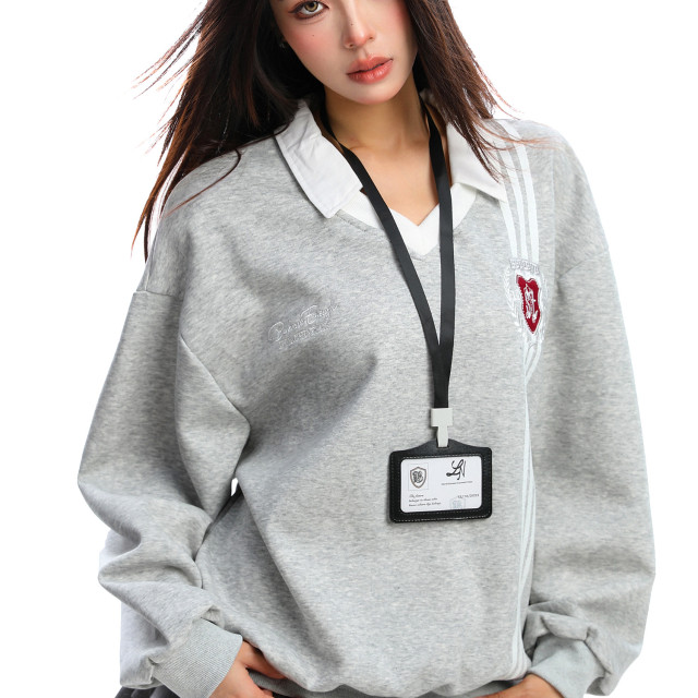 學院風Polo領杠條衛衣女秋冬帶校牌運動風假兩件情侶上衣