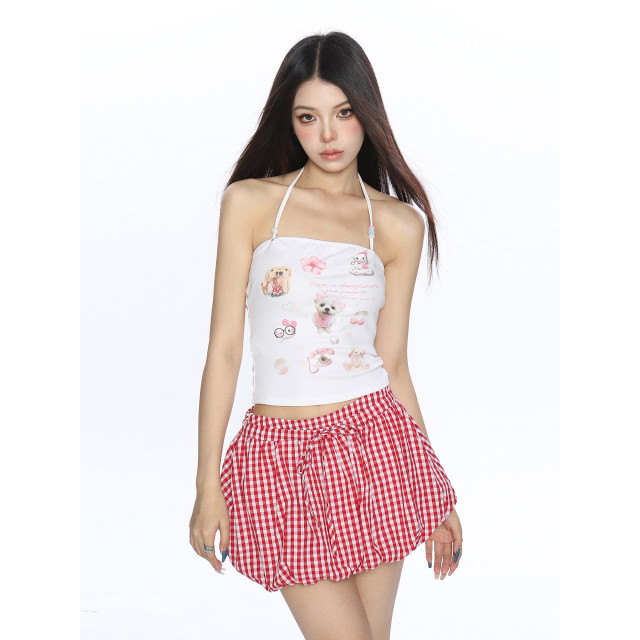 甜辣卡通印花掛脖吊帶背心女夏季顯瘦外穿無袖別致上衣ins