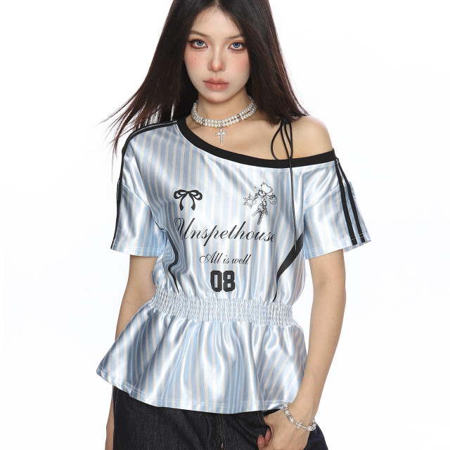 美式條紋收腰斜肩綁帶短袖T恤女夏季辣妹露肩顯瘦球衣上衣