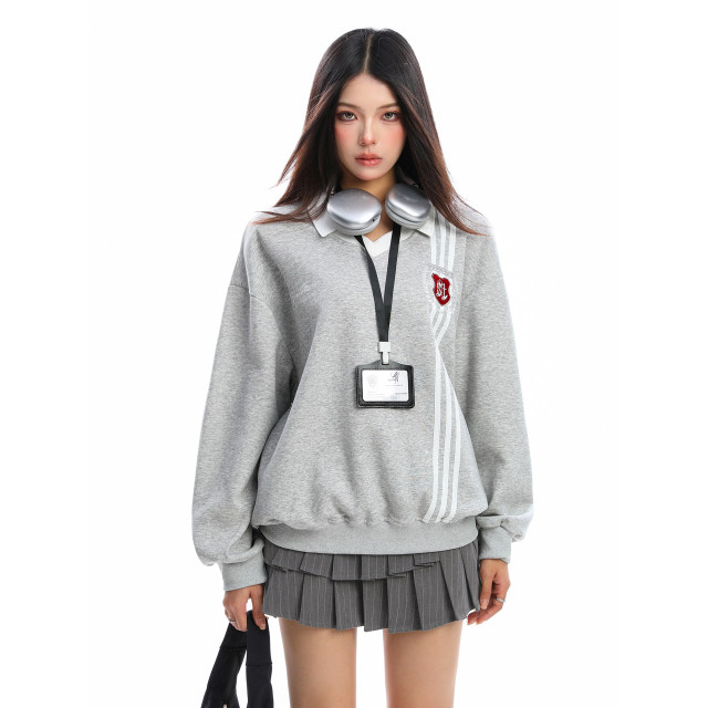 學院風Polo領杠條衛衣女秋冬帶校牌運動風假兩件情侶上衣