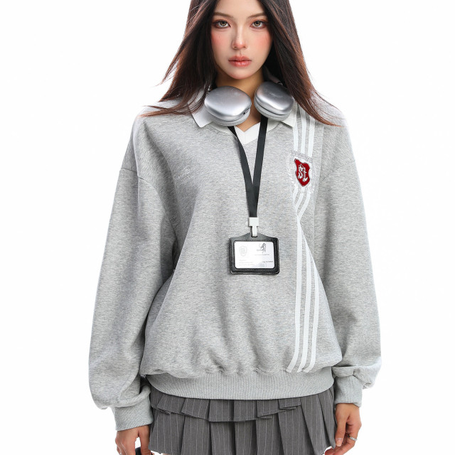學院風Polo領杠條衛衣女秋冬帶校牌運動風假兩件情侶上衣