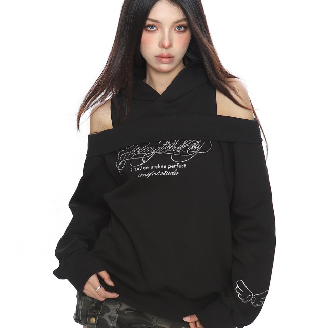 美式燙鉆露肩連帽衛衣女秋冬設計感假兩件寬松休閑上衣潮