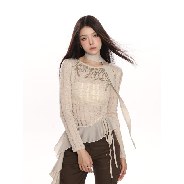 辣妹收腰抽繩鏤空針織衫T恤女春夏修身顯瘦精致內搭上衣潮