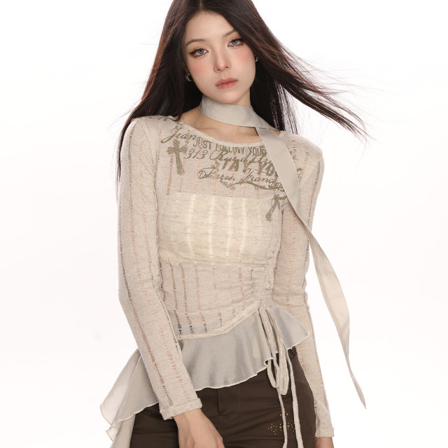 辣妹收腰抽繩鏤空針織衫T恤女春夏修身顯瘦精致內搭上衣潮