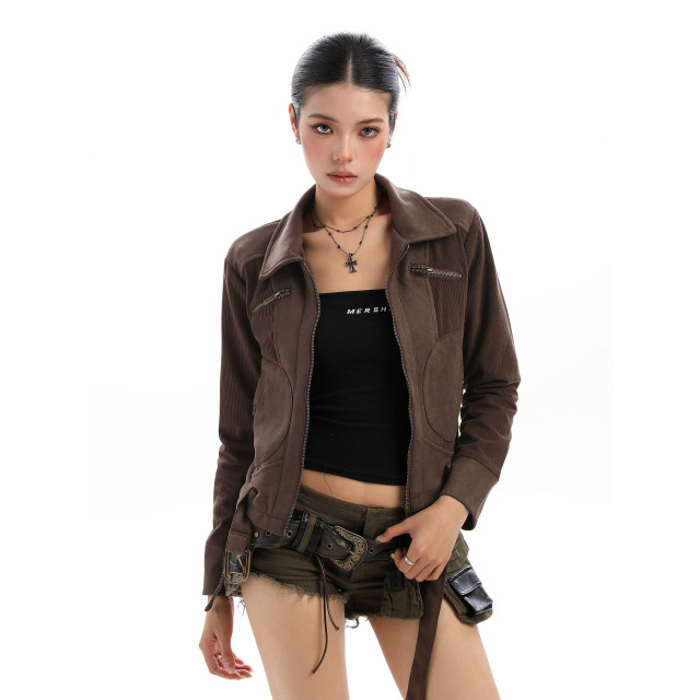 美式麂皮絨機車服工裝夾克女秋冬辣妹顯瘦翻領短款外套潮