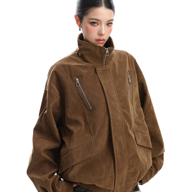 美式美拉德立領麂皮絨工裝外套女秋冬夾棉厚寬松棉服夾克