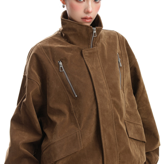 美式美拉德立領麂皮絨工裝外套女秋冬夾棉厚寬松棉服夾克