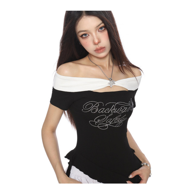 辣妹燙鉆字母一字肩短袖T恤女夏季不規則流蘇顯瘦露肩上衣