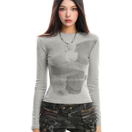 美式復古小熊印花正肩長袖T恤女秋季修身顯瘦辣妹短款上衣