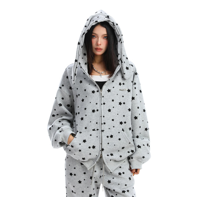 美式滿印星星兔耳朵連帽衛衣女秋冬休閑褲兩件套外套套裝