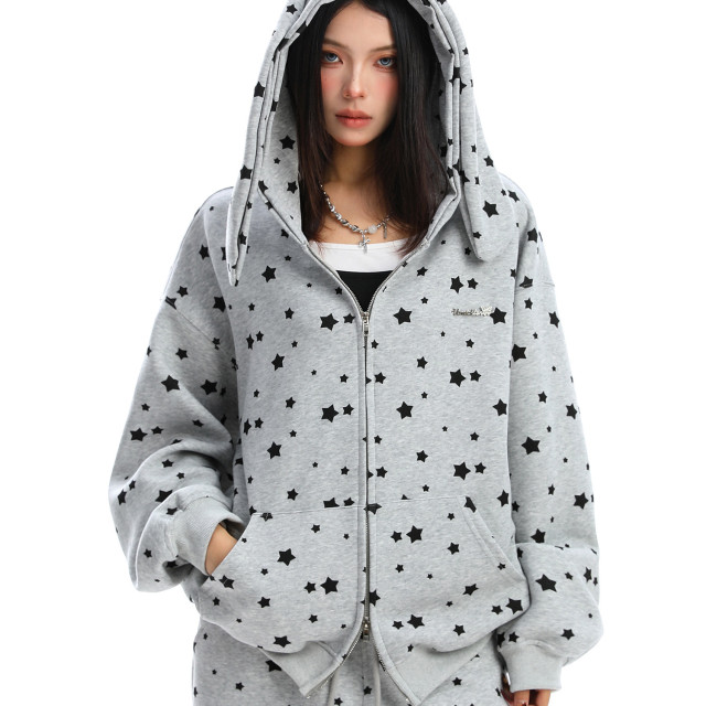 美式滿印星星兔耳朵連帽衛衣女秋冬休閑褲兩件套外套套裝