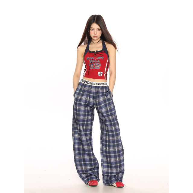 辣妹運動風撞色掛脖綁帶吊帶女夏季修身顯瘦短款背心ins