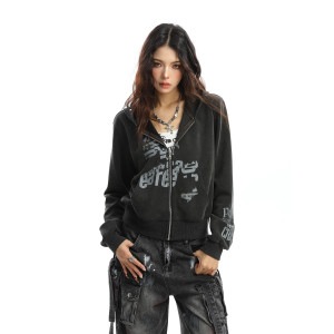 輕亞風柳釘塗鴉連帽衛衣女秋季朋克辣妹顯瘦拉鏈短款外套