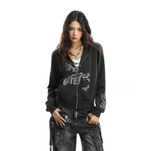 輕亞風柳釘塗鴉連帽衛衣女秋季朋克辣妹顯瘦拉鏈短款外套