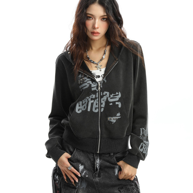 輕亞風柳釘塗鴉連帽衛衣女秋季朋克辣妹顯瘦拉鏈短款外套