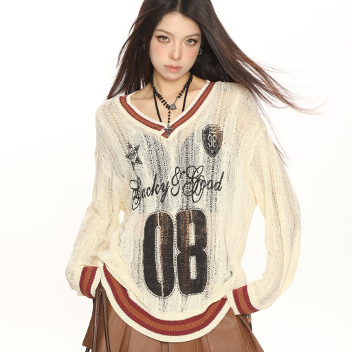 撞色字母v領學院風長袖針織衫女春秋慵懶風顯瘦防曬罩衫潮