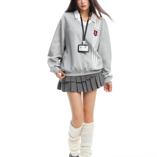 學院風Polo領杠條衛衣女秋冬帶校牌運動風假兩件情侶上衣