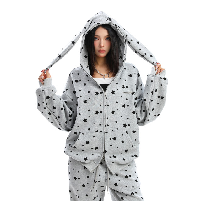 美式滿印星星兔耳朵連帽衛衣女秋冬休閑褲兩件套外套套裝