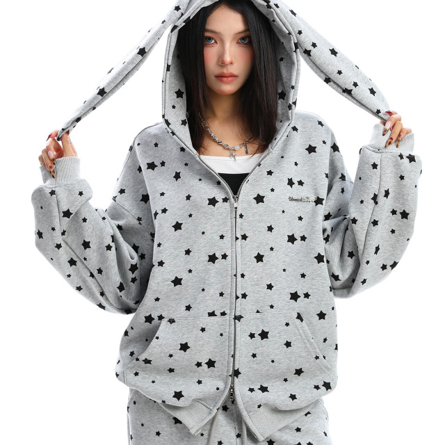 美式滿印星星兔耳朵連帽衛衣女秋冬休閑褲兩件套外套套裝
