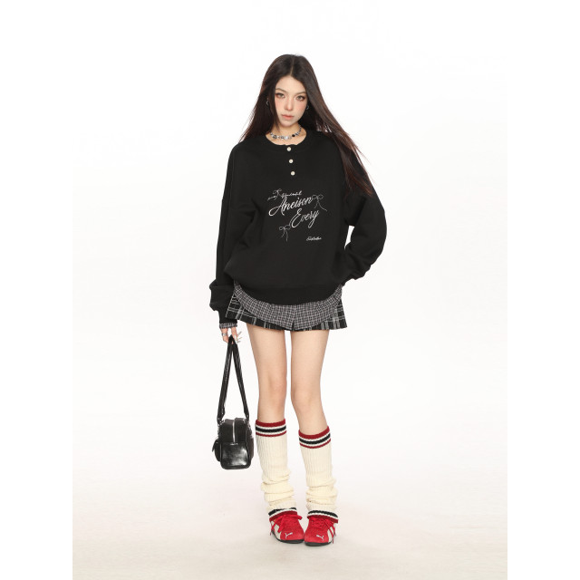 學院風假兩件拼接刺繡字母衛衣女春秋慵懶風休閑寬松上衣