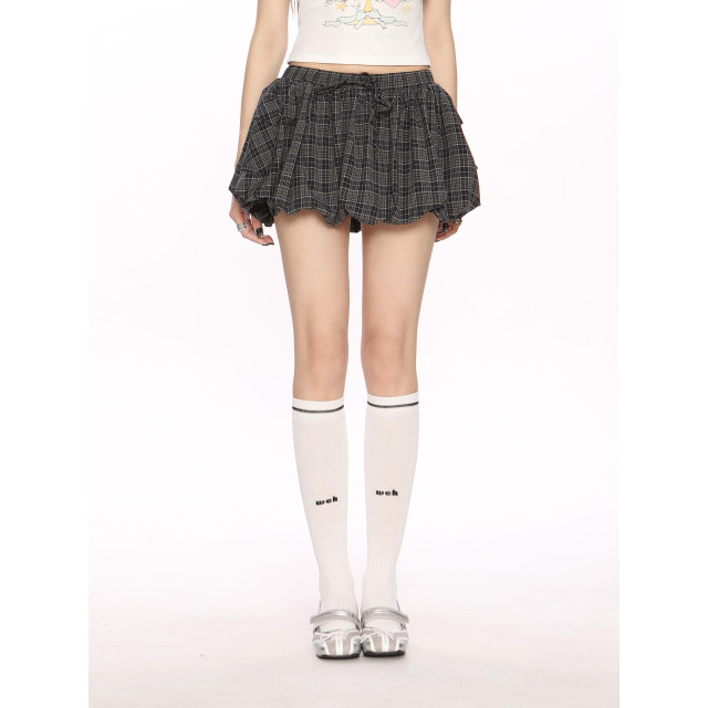 少女風花苞裙口袋格子蓬蓬裙短裙女芭蕾風a字顯瘦半身裙潮