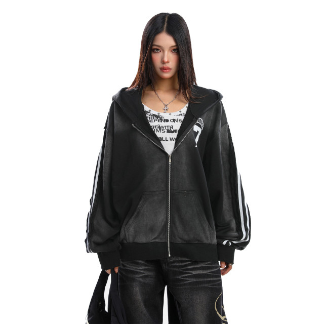 美式水洗做舊字母杠條連帽衛衣女秋冬情侶寬松開衫外套潮