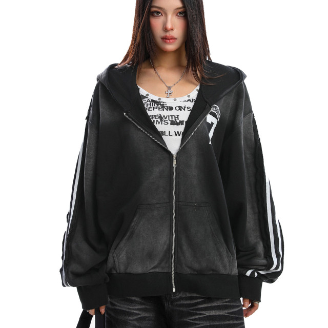 美式水洗做舊字母杠條連帽衛衣女秋冬情侶寬松開衫外套潮