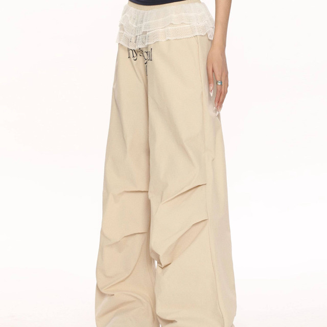 福利款 美式字母蕾絲拼接假兩件褶皺工裝褲女芭蕾風疊穿休閑長褲