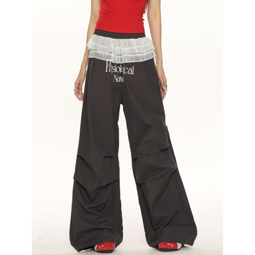 福利款 美式字母蕾絲拼接假兩件褶皺工裝褲女芭蕾風疊穿休閑長褲