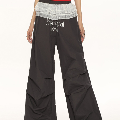 福利款 美式字母蕾絲拼接假兩件褶皺工裝褲女芭蕾風疊穿休閑長褲