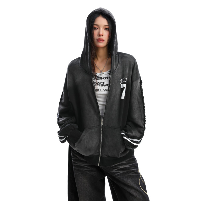 美式水洗做舊字母杠條連帽衛衣女秋冬情侶寬松開衫外套潮