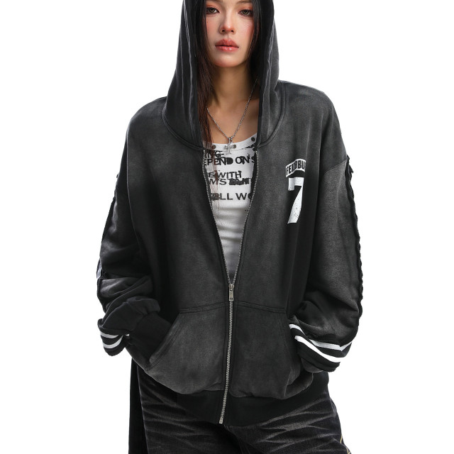 美式水洗做舊字母杠條連帽衛衣女秋冬情侶寬松開衫外套潮