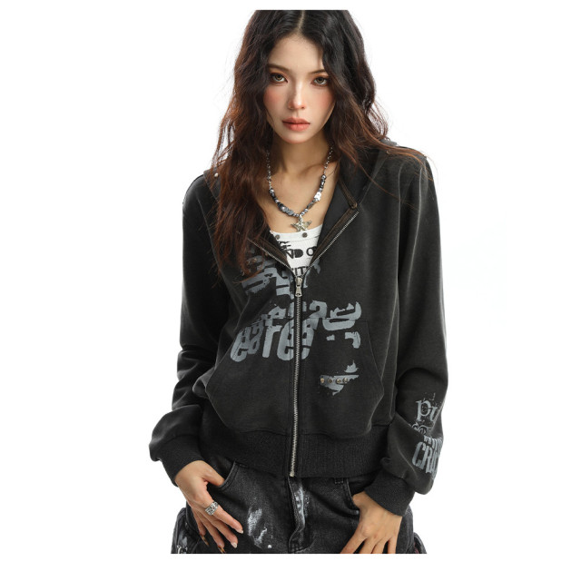 輕亞風柳釘塗鴉連帽衛衣女秋季朋克辣妹顯瘦拉鏈短款外套