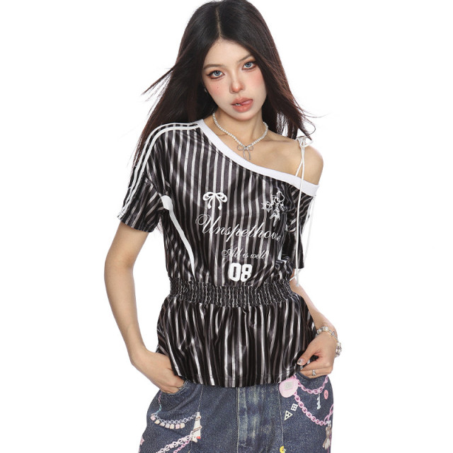 美式條紋收腰斜肩綁帶短袖T恤女夏季辣妹露肩顯瘦球衣上衣