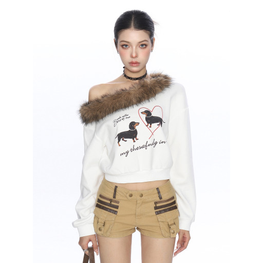 辣妹臘腸狗可拆卸毛領斜肩衛衣女秋冬設計感顯瘦露肩上衣