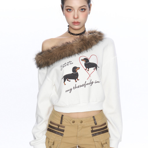 辣妹臘腸狗可拆卸毛領斜肩衛衣女秋冬設計感顯瘦露肩上衣