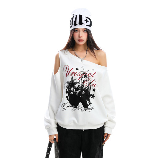 輕亞風y2k塗鴉斜肩衛衣女秋季設計感露肩顯瘦寬松百搭上衣