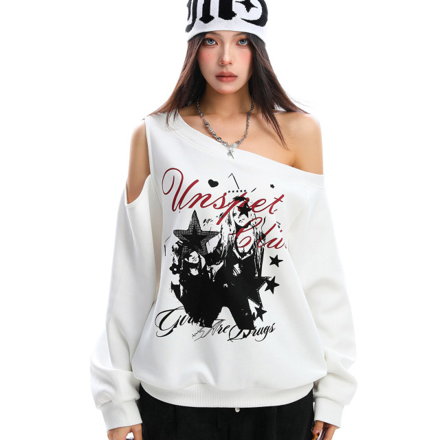 輕亞風y2k塗鴉斜肩衛衣女秋季設計感露肩顯瘦寬松百搭上衣