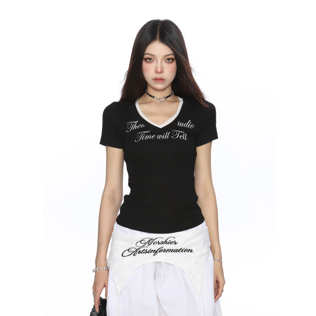 美式v領蕾絲邊字母正肩短袖T恤女夏季收腰顯瘦短款上衣潮