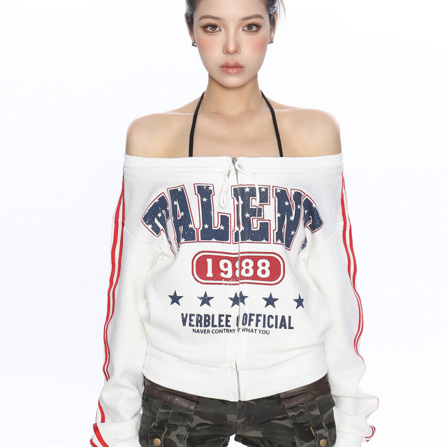 美式杠條一字肩拉鏈長袖衛衣女春秋辣妹運動風休閑球衣潮