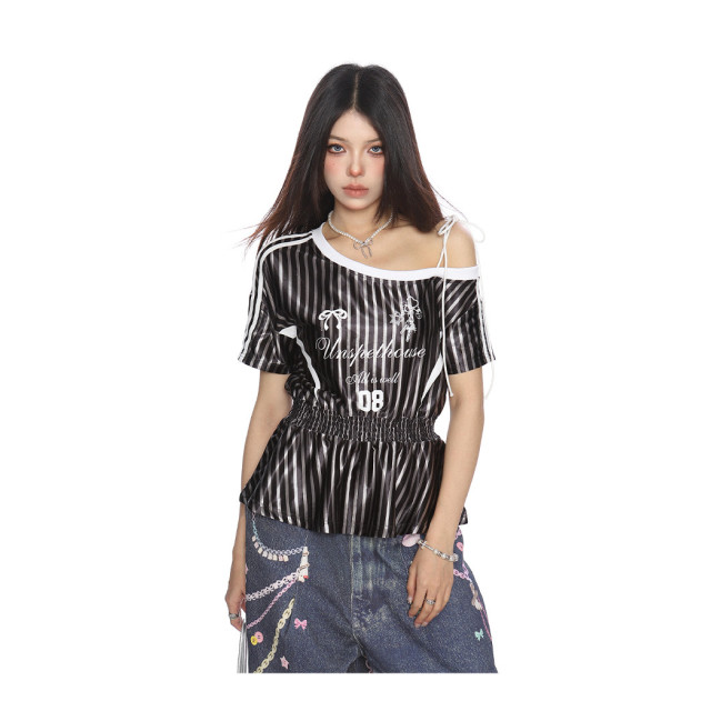 美式條紋收腰斜肩綁帶短袖T恤女夏季辣妹露肩顯瘦球衣上衣