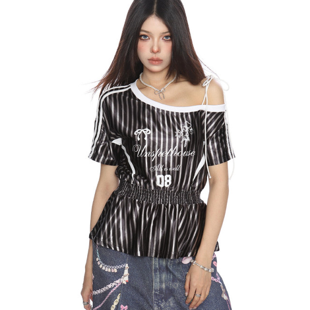 美式條紋收腰斜肩綁帶短袖T恤女夏季辣妹露肩顯瘦球衣上衣