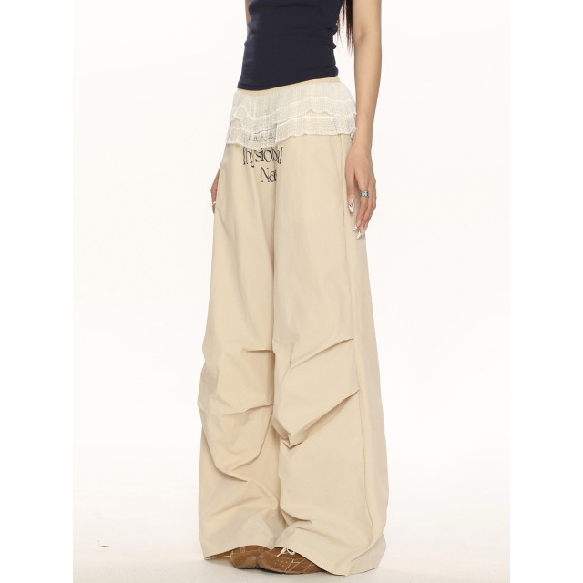 福利款 美式字母蕾絲拼接假兩件褶皺工裝褲女芭蕾風疊穿休閑長褲