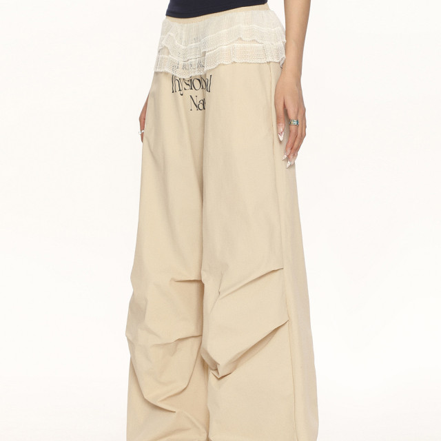 福利款 美式字母蕾絲拼接假兩件褶皺工裝褲女芭蕾風疊穿休閑長褲