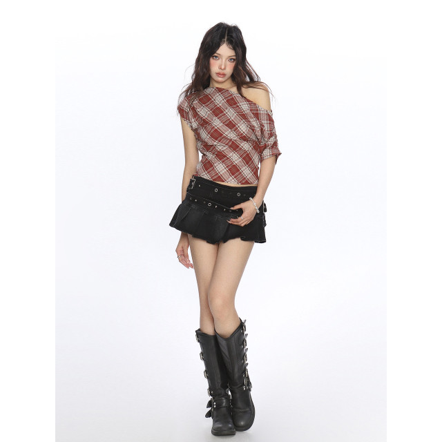 辣妹撞色格子斜肩短袖T恤女夏季設計感韓系露肩顯瘦上衣潮