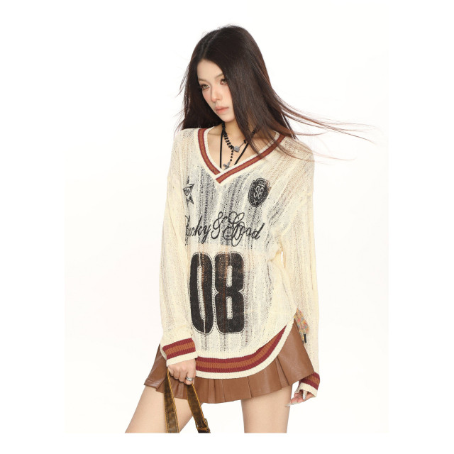 撞色字母v領學院風長袖針織衫女春秋慵懶風顯瘦防曬罩衫潮
