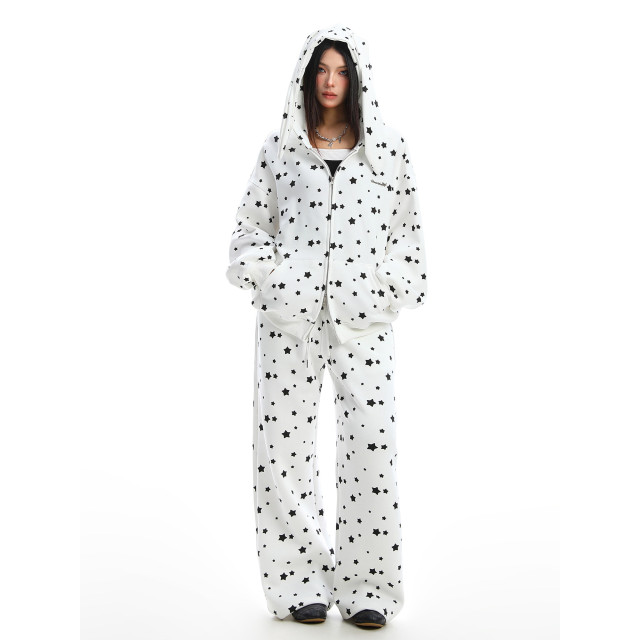 美式滿印星星兔耳朵連帽衛衣女秋冬休閑褲兩件套外套套裝